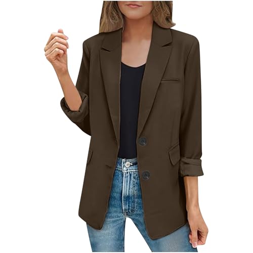 EMATOP Lang Blazer Damen Langarm Elegant Mantel Einfarbig Revers Sakko Jacke Lässig Business Blazerjacke Slim Fit Sportlich Longblazer mit Taschen Trenchcoat Vintage Knöpfe Übergangsjacke von EMATOP