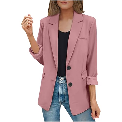 EMATOP Lang Blazer Damen Langarm Elegant Mantel Einfarbig Revers Sakko Jacke Lässig Business Blazerjacke Slim Fit Sportlich Longblazer mit Taschen Trenchcoat Vintage Knöpfe Übergangsjacke von EMATOP