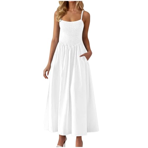 EMATOP Lang Sommerkleider Damen Lässig Elegant Tunika Kleider Sexy Spaghetti Trägerkleid Baumwolle Einfarbig Freizeitkleid Ärmellos Bohemian Kleid Hohe Taille Strandkleid mit Taschen Shirtkleid von EMATOP