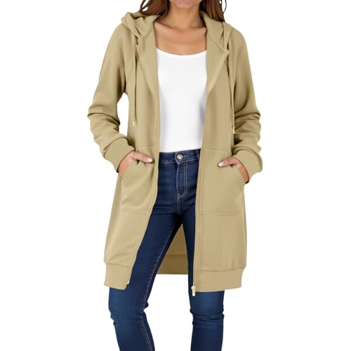EMATOP Lang Sweatjacke Damen Leicht Langarm Hoodie Jacke Elegant Einfarbig Kapuzenjacke Zipper Übergangsjacke mit Kapuze Sweatshirt Baumwolle Casual Sportjacke Bequem Locker Fleecejacke Winter von EMATOP