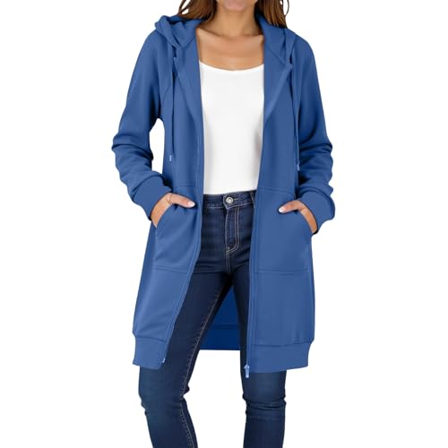 EMATOP Lang Sweatjacke Damen Leicht Langarm Hoodie Jacke Elegant Einfarbig Kapuzenjacke Zipper Übergangsjacke mit Kapuze Sweatshirt Baumwolle Casual Sportjacke Bequem Locker Fleecejacke Winter von EMATOP