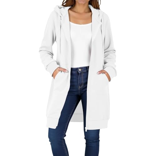 EMATOP Lang Sweatjacke Damen Leicht Langarm Hoodie Jacke Elegant Einfarbig Kapuzenjacke Zipper Übergangsjacke mit Kapuze Sweatshirt Baumwolle Casual Sportjacke Bequem Locker Fleecejacke Winter von EMATOP