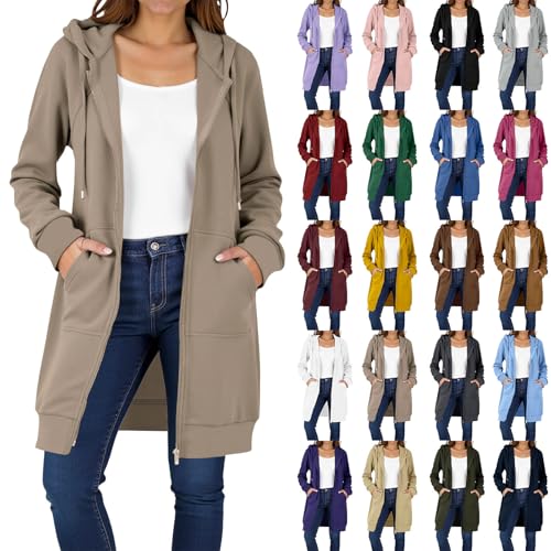 EMATOP Lang Sweatjacke Damen Leicht Langarm Hoodie Jacke Elegant Einfarbig Kapuzenjacke Zipper Übergangsjacke mit Kapuze Sweatshirt Baumwolle Casual Sportjacke Bequem Locker Fleecejacke Winter von EMATOP