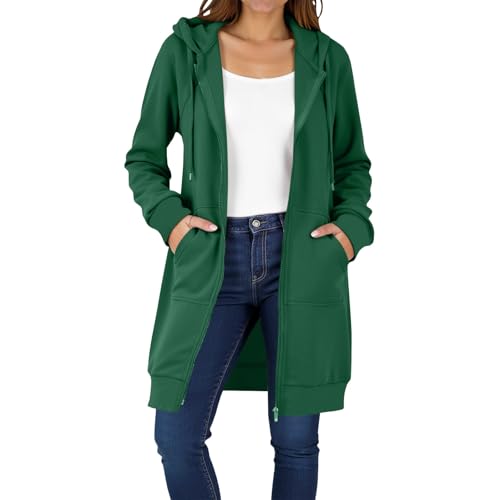 EMATOP Lang Sweatjacke Damen Leicht Langarm Hoodie Jacke Elegant Einfarbig Kapuzenjacke Zipper Übergangsjacke mit Kapuze Sweatshirt Baumwolle Casual Sportjacke Bequem Locker Fleecejacke Winter von EMATOP
