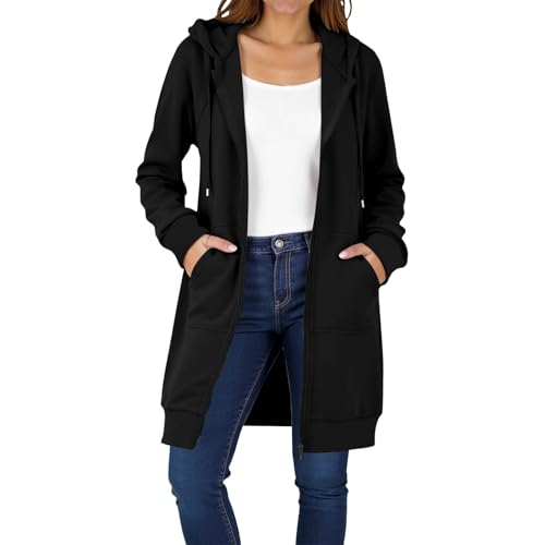 EMATOP Lang Sweatjacke Damen Leicht Langarm Hoodie Jacke Elegant Einfarbig Kapuzenjacke Zipper Übergangsjacke mit Kapuze Sweatshirt Baumwolle Casual Sportjacke Bequem Locker Fleecejacke Winter von EMATOP