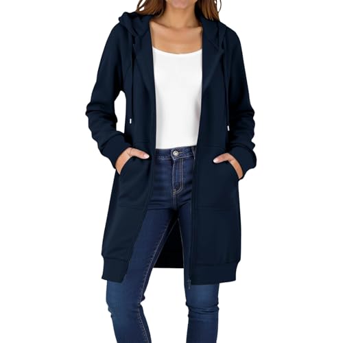 EMATOP Lang Sweatjacke Damen Leicht Langarm Hoodie Jacke Elegant Einfarbig Kapuzenjacke Zipper Übergangsjacke mit Kapuze Sweatshirt Baumwolle Casual Sportjacke Bequem Locker Fleecejacke Winter von EMATOP