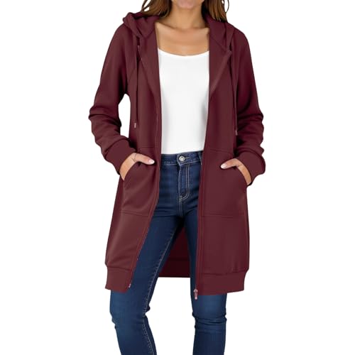 EMATOP Lang Sweatjacke Damen Leicht Langarm Hoodie Jacke Elegant Einfarbig Kapuzenjacke Zipper Übergangsjacke mit Kapuze Sweatshirt Baumwolle Casual Sportjacke Bequem Locker Fleecejacke Winter von EMATOP