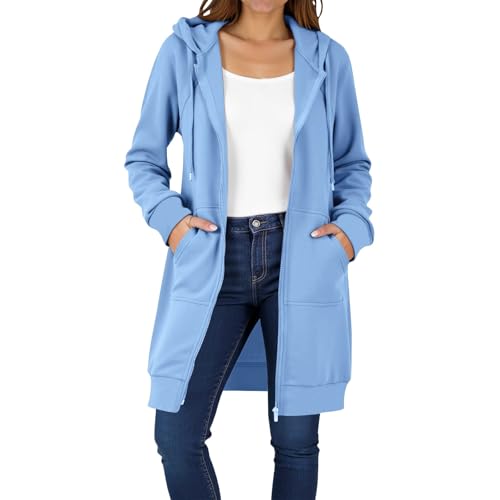 EMATOP Lang Sweatjacke Damen Leicht Langarm Hoodie Jacke Elegant Einfarbig Kapuzenjacke Zipper Übergangsjacke mit Kapuze Sweatshirt Baumwolle Casual Sportjacke Bequem Locker Fleecejacke Winter von EMATOP