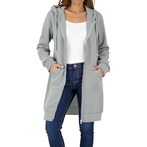 EMATOP Lang Sweatjacke Damen Leicht Langarm Hoodie Jacke Elegant Einfarbig Kapuzenjacke Zipper Übergangsjacke mit Kapuze Sweatshirt Baumwolle Casual Sportjacke Bequem Locker Fleecejacke Winter von EMATOP