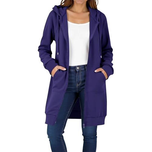 EMATOP Lang Sweatjacke Damen Leicht Langarm Hoodie Jacke Elegant Einfarbig Kapuzenjacke Zipper Übergangsjacke mit Kapuze Sweatshirt Baumwolle Casual Sportjacke Bequem Locker Fleecejacke Winter von EMATOP