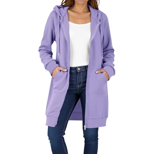 EMATOP Lang Sweatjacke Damen Leicht Langarm Hoodie Jacke Elegant Einfarbig Kapuzenjacke Zipper Übergangsjacke mit Kapuze Sweatshirt Baumwolle Casual Sportjacke Bequem Locker Fleecejacke Winter von EMATOP