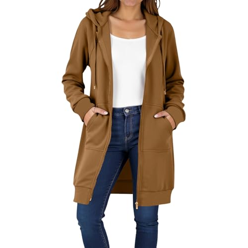 EMATOP Lang Sweatjacke Damen Leicht Langarm Hoodie Jacke Elegant Einfarbig Kapuzenjacke Zipper Übergangsjacke mit Kapuze Sweatshirt Baumwolle Casual Sportjacke Bequem Locker Fleecejacke Winter von EMATOP