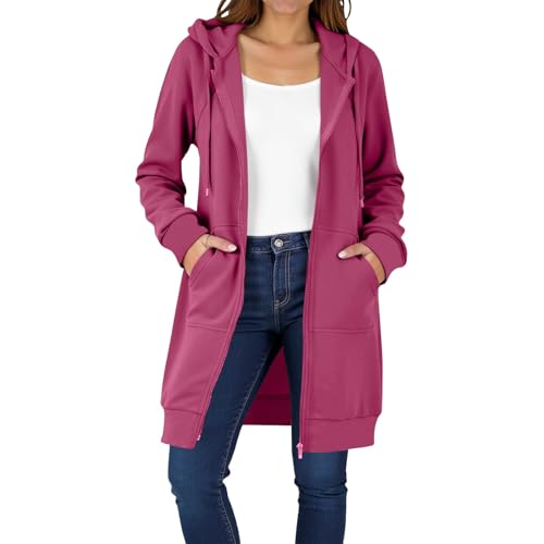EMATOP Lang Sweatjacke Damen Leicht Langarm Hoodie Jacke Elegant Einfarbig Kapuzenjacke Zipper Übergangsjacke mit Kapuze Sweatshirt Baumwolle Casual Sportjacke Bequem Locker Fleecejacke Winter von EMATOP