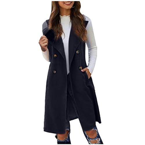 EMATOP Lang Weste Damen Ärmellose Elegant Blazer Jacke Leichte Einfarbig Trenchcoat mit Taschen Übergangsjacke Vintage Bequem Anzugjacke Business Longblazer Vorne Offen Anzugweste Cardigan von EMATOP