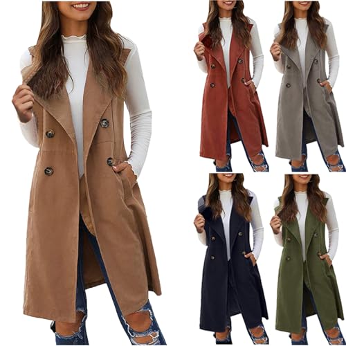 EMATOP Lang Weste Damen Ärmellose Elegant Blazer Jacke Leichte Einfarbig Trenchcoat mit Taschen Übergangsjacke Vintage Bequem Anzugjacke Business Longblazer Vorne Offen Anzugweste Cardigan von EMATOP