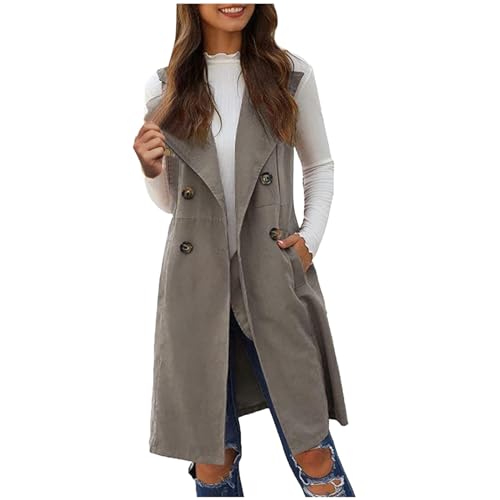 EMATOP Lang Weste Damen Ärmellose Elegant Blazer Jacke Leichte Einfarbig Trenchcoat mit Taschen Übergangsjacke Vintage Bequem Anzugjacke Business Longblazer Vorne Offen Anzugweste Cardigan von EMATOP