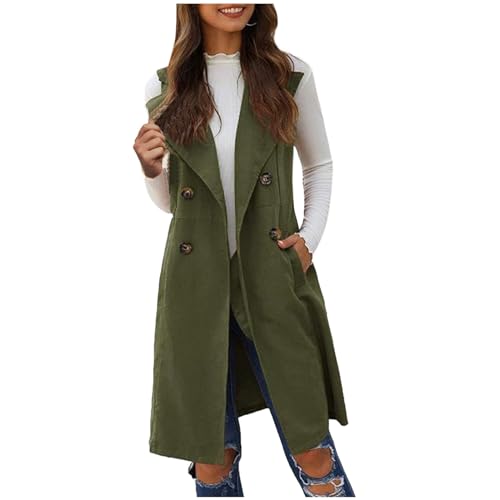 EMATOP Lang Weste Damen Ärmellose Elegant Blazer Jacke Leichte Einfarbig Trenchcoat mit Taschen Übergangsjacke Vintage Bequem Anzugjacke Business Longblazer Vorne Offen Anzugweste Cardigan von EMATOP