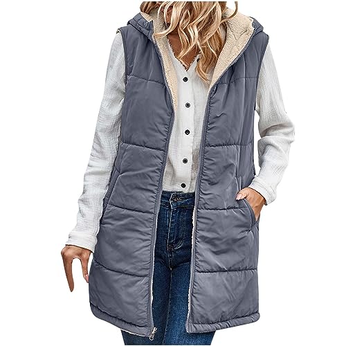 EMATOP Lang Weste Damen Warmer Daunenweste Ärmellos Casual Mantel Jacke mit Kapuze Steppweste Fleece Gefüttert Longweste Baumwolle Einfarbig Winterjacke mit Taschen Steppjacke für Herbst Winter von EMATOP
