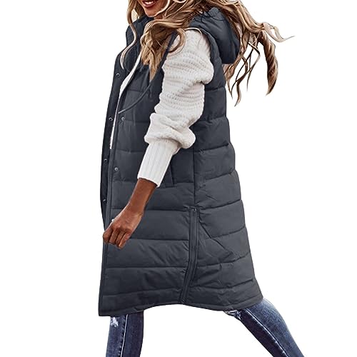 EMATOP Lang Weste Damen Winter Warm Steppweste Ärmellose Leicht Winterjacke Casual Einfarbig Longweste mit Kapuze Daunenweste Baumwolle Elegant Wintermantel Outdoor Puffer Jacke Daunenjacke von EMATOP