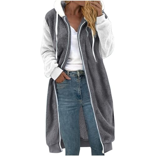 EMATOP Lang Winterjacke Damen Teddy Fleece Flauschjacke Casual Lose Wintermantel Mode Farbblock Kapuzenjacke Langarm Kuschelig Plüschjacke mit Kapuze Sherpa Jacke Winter Warm Sweatjacke von EMATOP