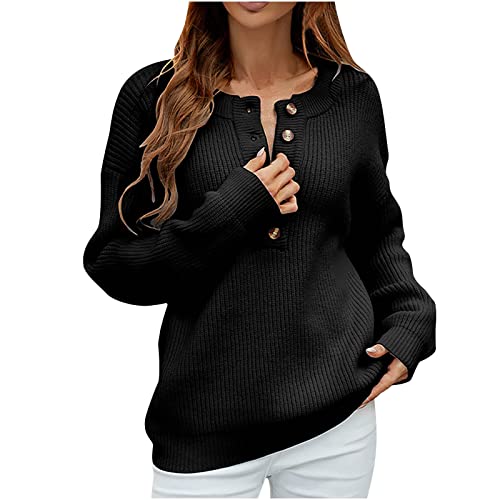 EMATOP Langarm Pullover Damen Casual Sweatshirts V-Ausschnitt Knopfleiste Strickpullover Warm Gefüttert Pulli Tops Lässiges Einfarbig Langarmshirt Longpullover Angebote Tages blitzangebote von EMATOP