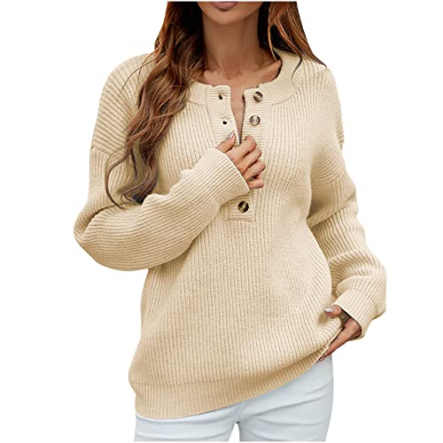 EMATOP Langarm Pullover Damen Casual Sweatshirts V-Ausschnitt Knopfleiste Strickpullover Warm Gefüttert Pulli Tops Lässiges Einfarbig Langarmshirt Longpullover blitzangebote von EMATOP