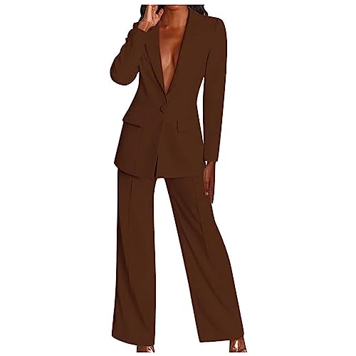 EMATOP Lange Hosenanzug Damen 2 Teiler Business Anzug Set Casual Langarm Tracksuit Elegante Einfarbig Blazer Jacke und Hosen Outfit Sexy Festlich Freizeitanzug mit Taschen Workout Sets von EMATOP