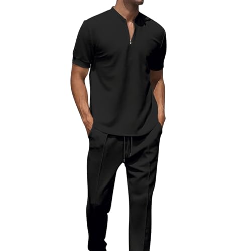 EMATOP Lange Sportanzug Herren Sommer 2-Teiliges Poloshirt und Hose Freizeitanzug Lässig Bequem Zweiteiler Trainingsanzug Einfarbig Mode Jogginganzug Leicht Sportlich Tracksuit Fitness Outfit von EMATOP