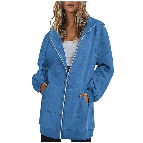 EMATOP Lange Sweatshirt Damen Baumwolle Sport Kapuzenjacke Casual Einfarbig Jacke mit Kapuze Sweatjacke Elegant Reißverschluss Kapuzenpulli Fitness Langarm Hoodie Pullover für Herbst Winter von EMATOP