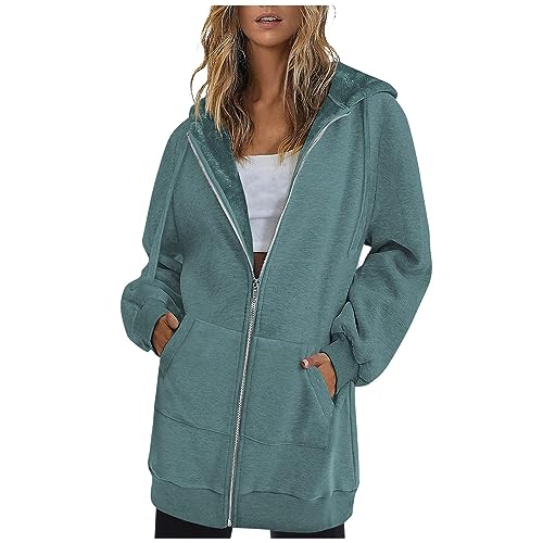 EMATOP Lange Sweatshirt Damen Baumwolle Sport Kapuzenjacke Casual Einfarbig Jacke mit Kapuze Sweatjacke Elegant Reißverschluss Kapuzenpulli Fitness Langarm Hoodie Pullover für Herbst Winter von EMATOP