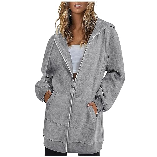 EMATOP Lange Sweatshirt Damen Baumwolle Sport Kapuzenjacke Casual Einfarbig Jacke mit Kapuze Sweatjacke Elegant Reißverschluss Kapuzenpulli Fitness Langarm Hoodie Pullover für Herbst Winter von EMATOP