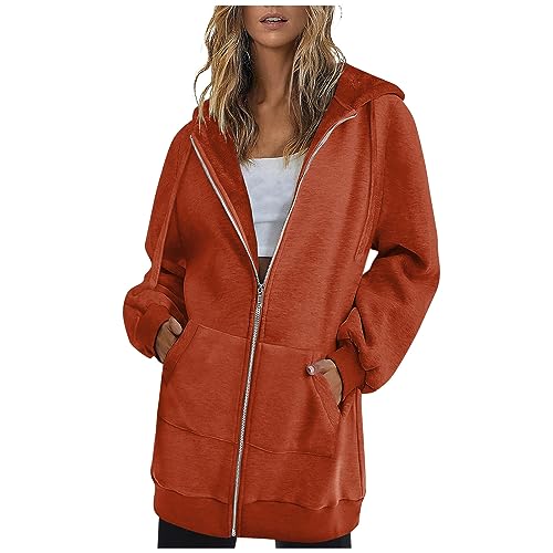 EMATOP Lange Sweatshirt Damen Baumwolle Sport Kapuzenjacke Casual Einfarbig Jacke mit Kapuze Sweatjacke Elegant Reißverschluss Kapuzenpulli Fitness Langarm Hoodie Pullover für Herbst Winter von EMATOP