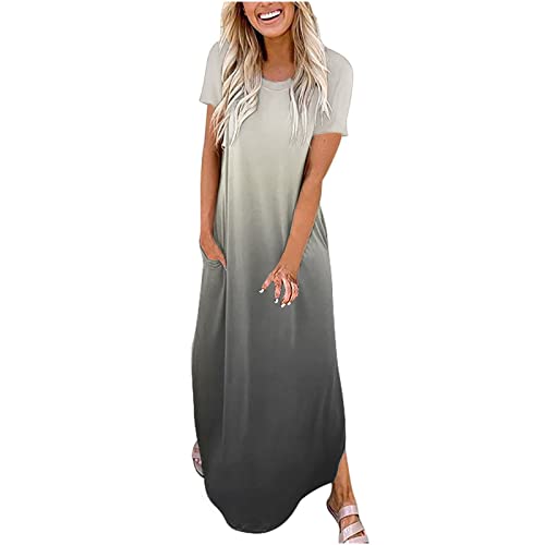 EMATOP Langes Kleider Damen Kurzarm Baumwolle Freizeitkleid Lässig Leicht Maxikleider Sommer Rundhals Strandkleid Bunt Farbverlauf Shirtkleider mit Taschen Tunika Kleid Weich Bequem Blusenkleid von EMATOP