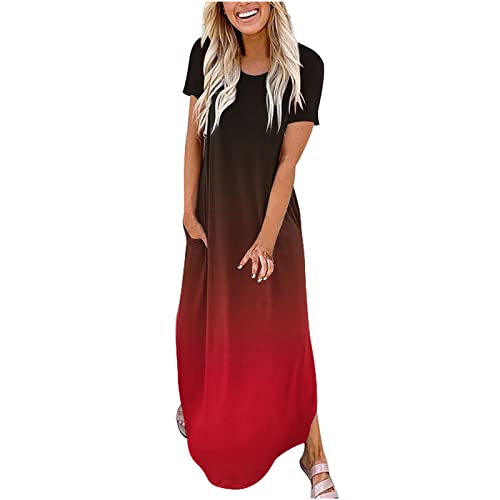EMATOP Langes Kleider Damen Kurzarm Baumwolle Freizeitkleid Lässig Leicht Maxikleider Sommer Rundhals Strandkleid Bunt Farbverlauf Shirtkleider mit Taschen Tunika Kleid Weich Bequem Blusenkleid von EMATOP