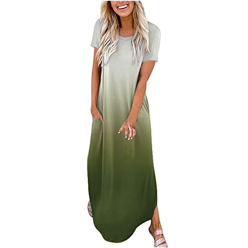 EMATOP Langes Kleider Damen Kurzarm Baumwolle Freizeitkleid Lässig Leicht Maxikleider Sommer Rundhals Strandkleid Bunt Farbverlauf Shirtkleider mit Taschen Tunika Kleid Weich Bequem Blusenkleid von EMATOP