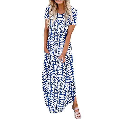 EMATOP Langes Kleider Damen Kurzarm Baumwolle Freizeitkleid Lässig Leicht Maxikleider Sommer Rundhals Strandkleid Bunt Farbverlauf Shirtkleider mit Taschen Tunika Kleid Weich Bequem Blusenkleid von EMATOP