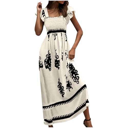 EMATOP Langes Kleider Damen Sommer Elegant Maxikleider Bunte Boho Strandkleid Lässiges Kurzarm Shirtkleid Mode U-Ausschnitt Freizeitkleid High Waist Lockeres Kleid Ethnische Drucke Ballkleid von EMATOP