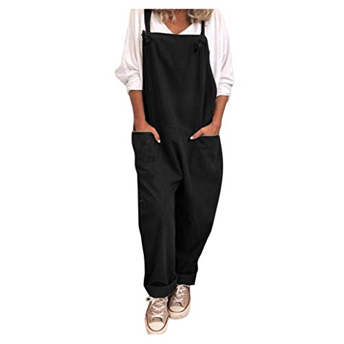 EMATOP Latzhose Damen Ärmellose Sommer Overalls Baumwolle Leinen Freizeithose Casual Einfarbig Jumpsuit Langes Weites Bein Hose mit Taschen Playsuit Loose Trägerhose Arbeitshose Oversize von EMATOP