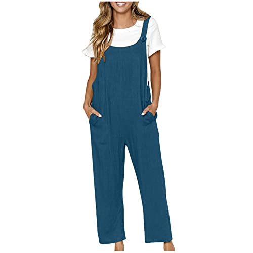 EMATOP Latzhose Damen Sommer Ärmellose Overalls Baumwolle Leinen Freizeithose Casual Einfarbig Jumpsuit Langes Weites Bein Hose mit Taschen Playsuit Loose Trägerhose Arbeitshose Oversize von EMATOP