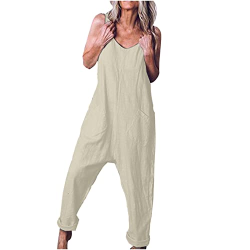 EMATOP Latzhose Damen Sommer Ärmellose Overalls Baumwolle Leinen Freizeithose Casual Einfarbig Jumpsuit Langes Weites Bein Hose mit Taschen Playsuit Loose Trägerhose Arbeitshose Oversize von EMATOP