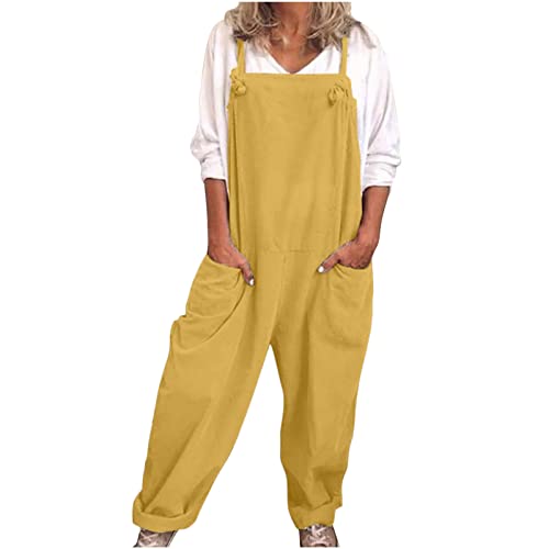 EMATOP Latzhose Damen Sommer Ärmellose Overalls Baumwolle Leinen Freizeithose Casual Einfarbig Jumpsuit Langes Weites Bein Hose mit Taschen Playsuit Loose Trägerhose Arbeitshose Oversize von EMATOP