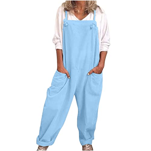 EMATOP Latzhose Damen Sommer Ärmellose Overalls Baumwolle Leinen Freizeithose Casual Einfarbig Jumpsuit Langes Weites Bein Hose mit Taschen Playsuit Loose Trägerhose Arbeitshose Oversize von EMATOP