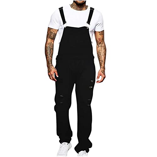 EMATOP Latzhose Herren Lang Vintage Jeans Overall Retro Denim Arbeitslatzhose Baumwolle Jeanshose Jumpsuit Destroyed Ripped Multifunktion Hose mit Taschen Sporthose Casual Lose Cargohose von EMATOP