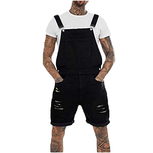 EMATOP Latzhose Herren Overall Jeans Shorts Sommer Kurze Hosen Stilvoll Jumpsuit mit Taschen Denim Hose Verstellbare Träger Kurze Jeanshose Lässiges Regulär Fit Arbeitshose Overalls von EMATOP