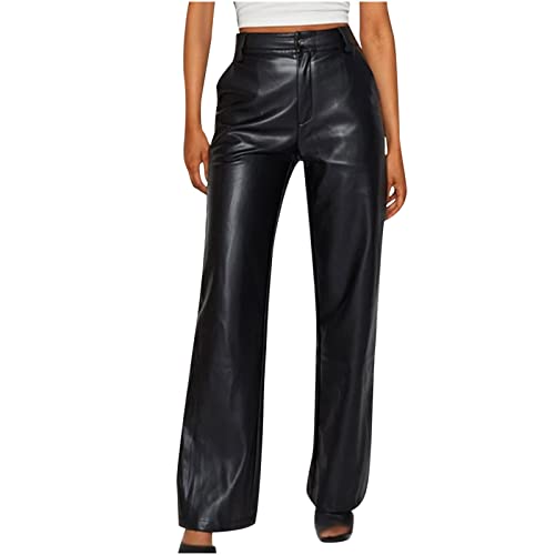 EMATOP Lederhose Damen Locker High Waist Kunstlederhose Elegant Lange Hose Einfarbig Weites Bein Freizeithose Winddicht Wasserdicht Kunstleder Leggings mit Taschen Jogginghose PU Leder Hosen von EMATOP