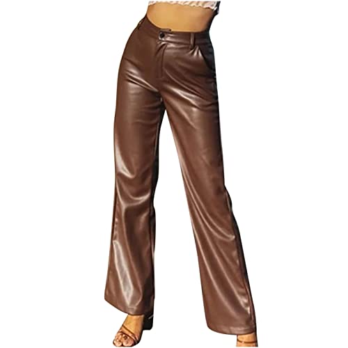 EMATOP Lederhose Damen Locker High Waist Kunstlederhose Elegant Lange Hose Einfarbig Weites Bein Freizeithose Winddicht Wasserdicht Kunstleder Leggings mit Taschen Jogginghose PU Leder Hosen von EMATOP