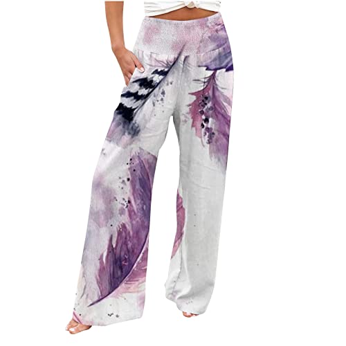 EMATOP Leichte Sommerhose Damen Lang Weites Bein Stoffhose Elegant Locker Leinenhose High Waist Bequem Freizeithose Luftig Leinen Palazzo Hose mit Taschen Strandhose Hawaii Druck Wickelhose von EMATOP