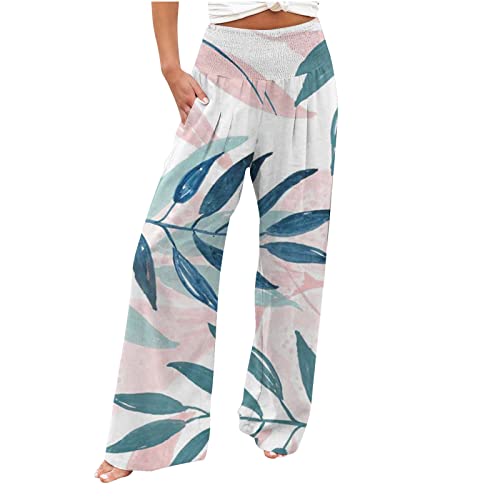 EMATOP Leichte Sommerhose Damen Lang Weites Bein Stoffhose Elegant Locker Leinenhose High Waist Bequem Freizeithose Luftig Leinen Palazzo Hose mit Taschen Strandhose Hawaii Druck Wickelhose von EMATOP