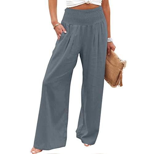 EMATOP Leichte Sommerhose Damen Leinenhose Sommer Lang Weites Bein Sommerhose High Waist Bequem Luftig Leinen Freizeithose Leicht Elegant Locker Schlupfhose Stoffhose Palazzo Hose Wickelhose von EMATOP