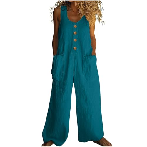EMATOP Leinen Jumpsuit Damen Lang Weites Bein Latzhose Sommer Lässig Ärmellos Trägerhose Loose Fit Elegant Overall Bequem Baumwolle Playsuit mit Taschen Strampler Einfarbig Leicht Arbeitshose von EMATOP